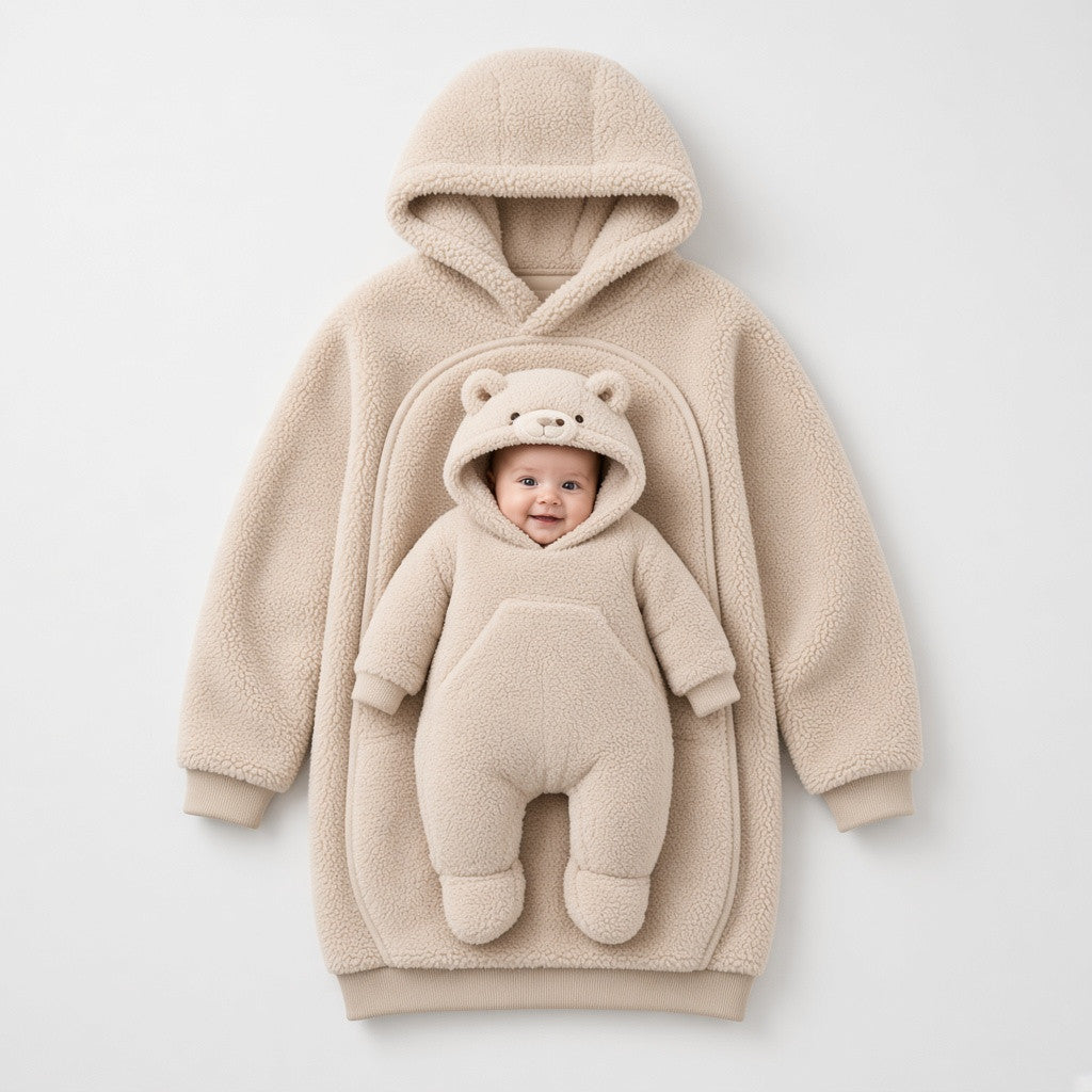 Kangahug Cream sherpa hoodie with matching baby suit