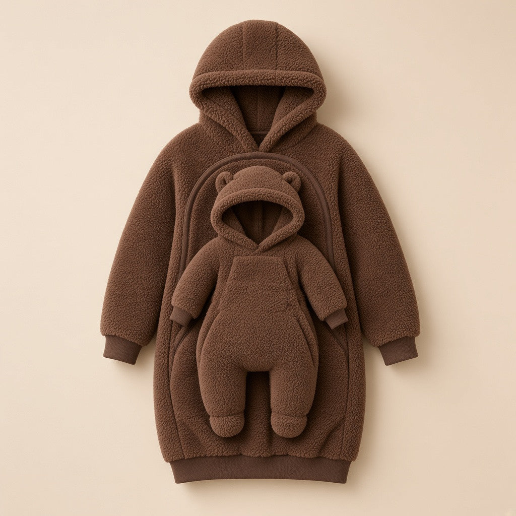 Kangahug Mocha Brown sherpa hoodie with matching baby suit
